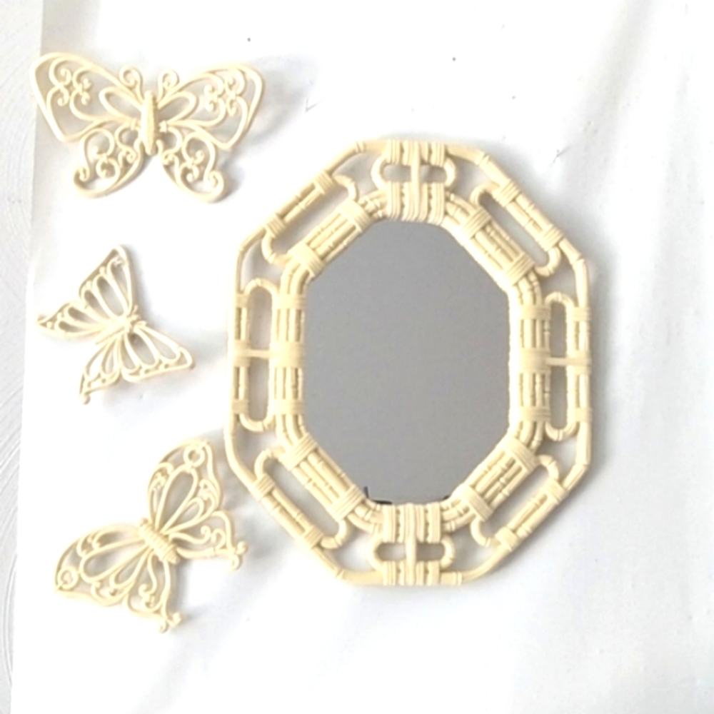 Homco vintage 80s faux bamboo octagon mirror w/ 3 butterflies